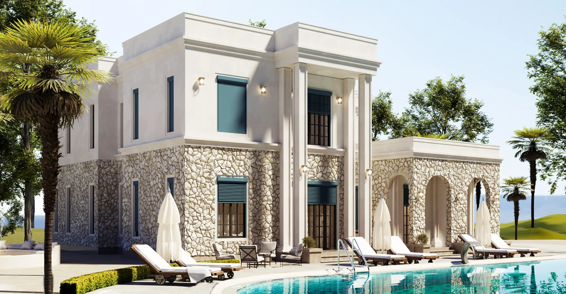 Havuzlu villada panjur uygulaması / Shutters on a poolside villa